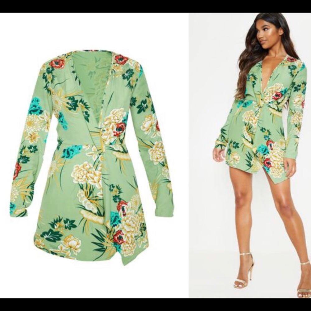 Sage floral print long sleeve wrap dress